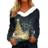 Women's Shirt V Neck Christmas Top Long Sleeve Party Fleece Collar T Shirt - Image 3