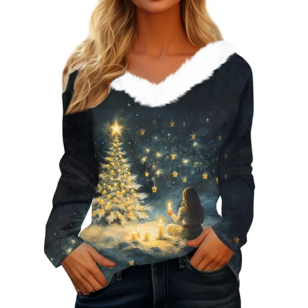 Women's Shirt V Neck Christmas Top Long Sleeve Party Fleece Collar T Shirt - Image 3