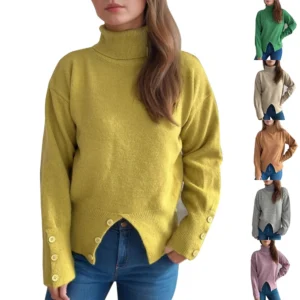 Women's Turtleneck Solid Color Slit Button Sweater Slim Fit Warm Pullover