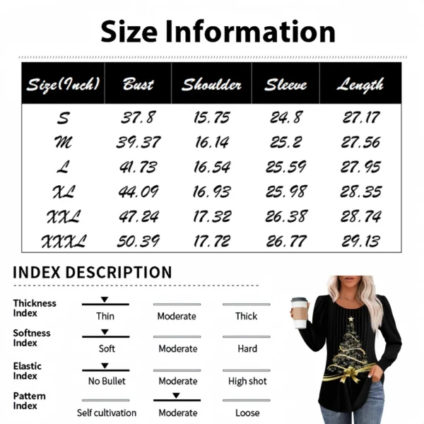 Women's Pleated Casual T-Shirt Round Neck Christmas Printed Long Sleeved Top - Image 15