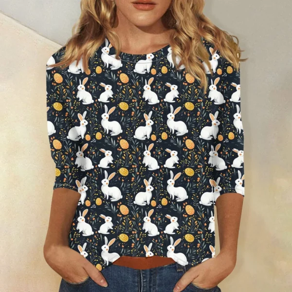 Women's Casual Round Neck Easter Egg Print Three-quarter Sleeve T-shirt Top - Image 16