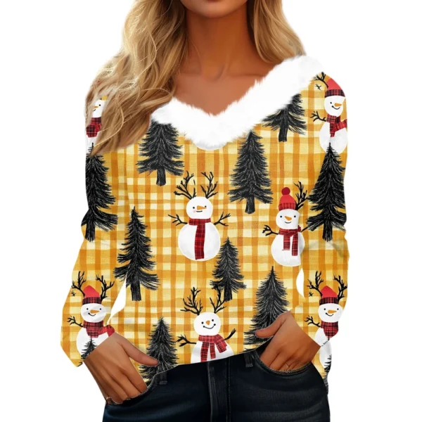 Women's Long Sleeve Christmas Printed Party Plush Neck Wide Casual V-Neck Top - Image 2