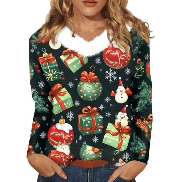 Women's Loose Casual Long Sleeved Christmas Printed Plush Collar V Neck Top, - Image 3