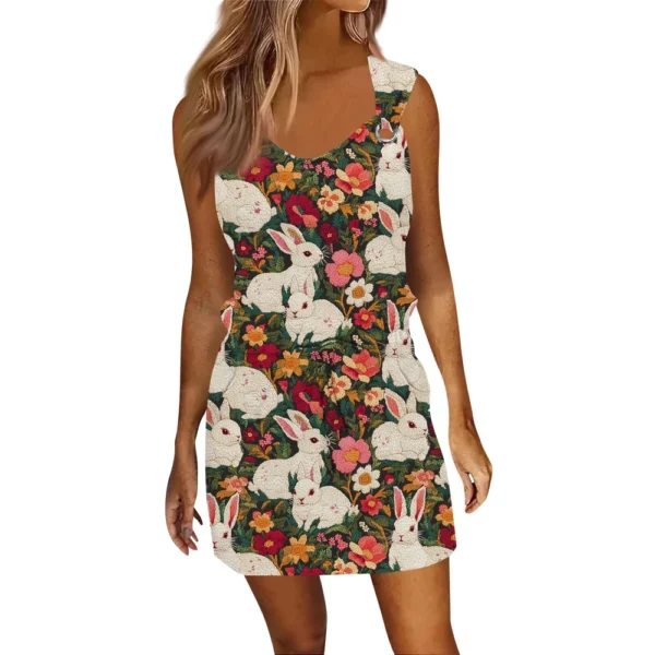 Women's Fashion Casual Easter Printed Sleeveless Drawstring Dress With Pockets - Image 2