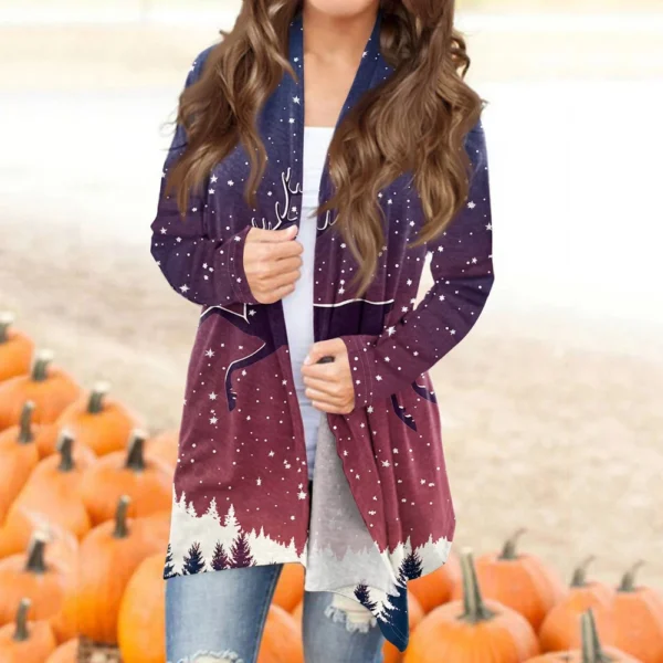 Women's Printed Cardigan Christmas Jacket Fashion Casual Medium Length Coat - Image 22