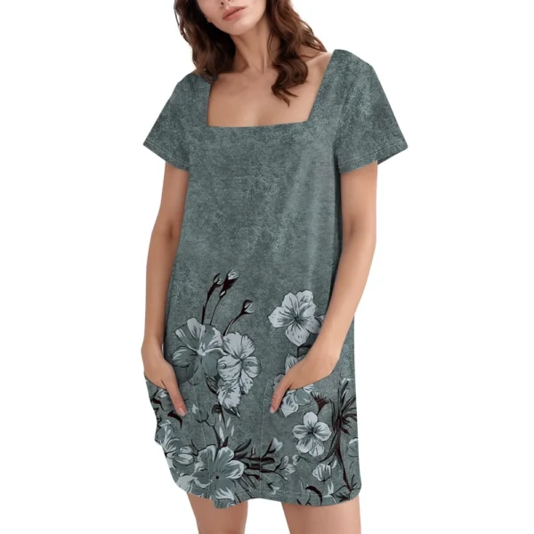 Women's Square Collar Short Sleeve Fashion Skirt Floral Print Pocket Casual - Image 14