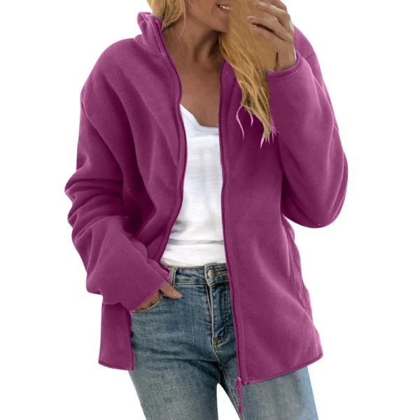 Women's Loose Casual Solid Color Lambswool Stand Up Collar Cardigan Jacket Long - Image 32