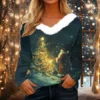 Women's Shirt V Neck Christmas Top Long Sleeve Party Fleece Collar T Shirt - Image 13
