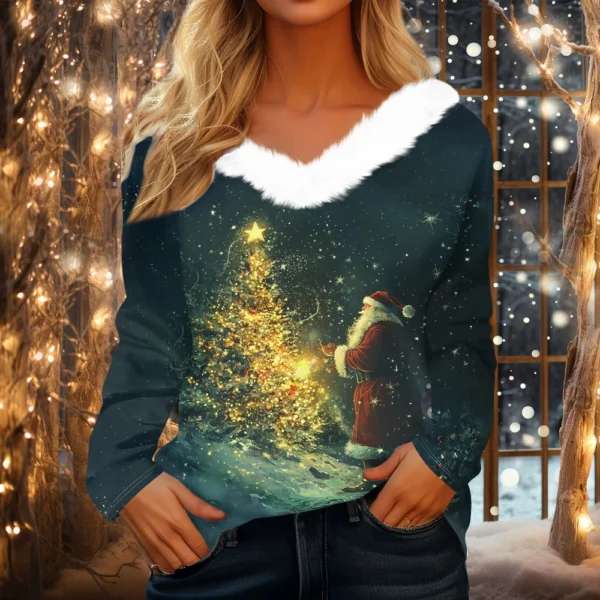 Women's Shirt V Neck Christmas Top Long Sleeve Party Fleece Collar T Shirt - Image 13