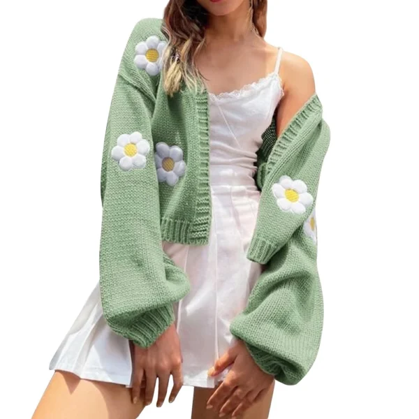 Women's Floral Sweater Loose Short Knit Cardigan - Image 4