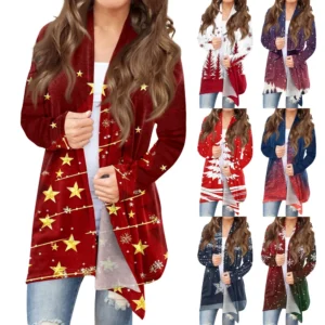 Women's Printed Cardigan Christmas Jacket Fashion Casual Medium Length Coat