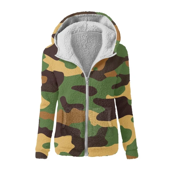 Women's Winter Camouflage Print Casual Fashion Plush Hooded Zipper Sweater - Image 3