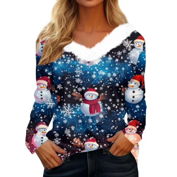 Women's V Neck Party Fleece Collar Top Shirt Christmas Long Sleeve T Shirt - Image 6
