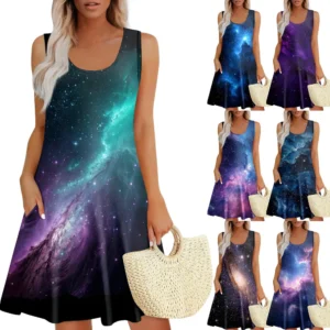 Womens Summer Dresses Easter Print  Loose U Neck Sleeveless Sundresses Dress