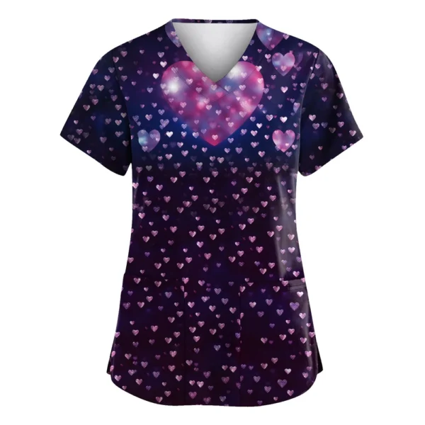 Women's Valentine's Day Printed  Uniform Work Uniform V-Neck Pocket Protective - Image 17