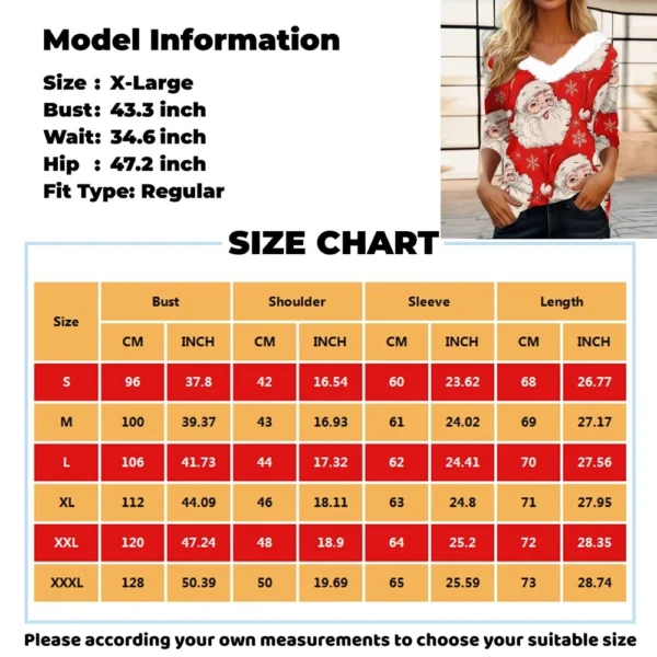 Women's Party Fleece Collar Shirt T Shirt Christmas Long Sleeve V Neck Top - Image 18