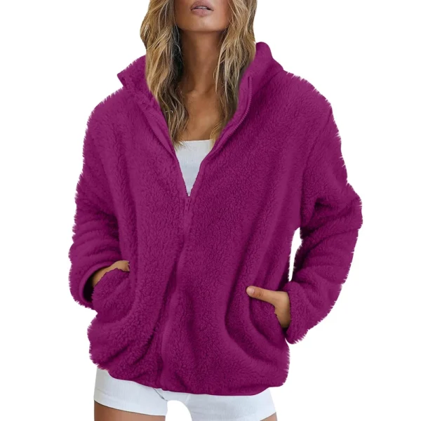 Women's Solid Color Loose High Neck Long Fleece Plush Warm Zipper Jacket - Image 41