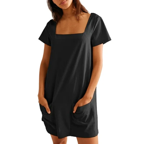 Women's Solid Color Square Collar Short Sleeve Fashion Skirt Pocket Casual Dress - Image 16