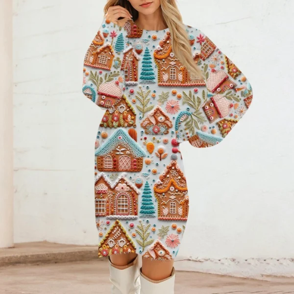 Women's Round Neck Casual Long Sleeve Plush Christmas Printed Dresses - Image 21