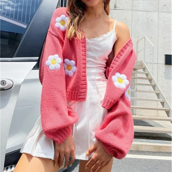 Women's Floral Sweater Loose Short Knit Cardigan - Image 8