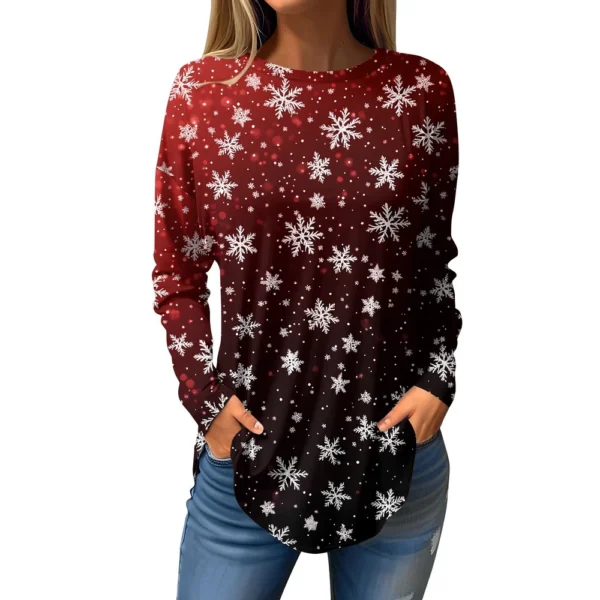 Women's Print Round Neck Christmas Loose T-Shirt Pullover Long Sleeve Top - Image 7