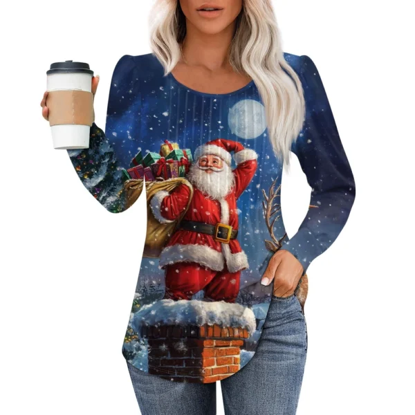 Women's Printed Christmas Top Round Neck Casual Pleated Long Sleeved T-Shirt - Image 4