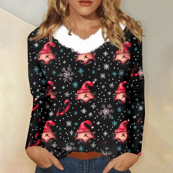 Women's Loose Casual Long Sleeved Christmas Printed Plush Collar V Neck Top, - Image 31