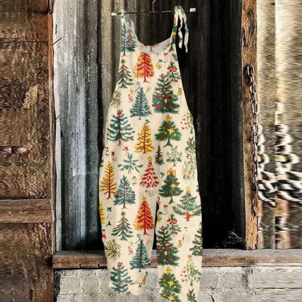 Women's Shoulder Strap Vintage Loose Print Casual Jumpsuit Christmas - Image 16
