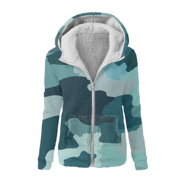 Women's Winter Camouflage Print Casual Fashion Plush Hooded Zipper Sweater - Image 10