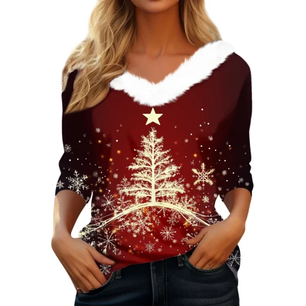 Women's Party Long Sleeve V Neck T Shirt Christmas Shirt Fleece Collar Top - Image 8