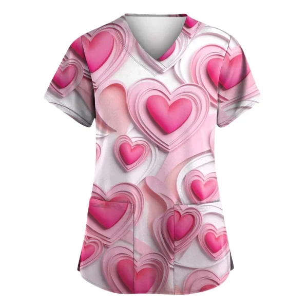 Women's Valentine's Day Printed  Uniform Work Uniform V-Neck Pocket Protective - Image 22