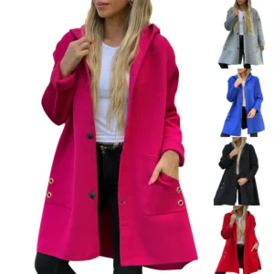 Women's Loose Casual Solid Color Single Breasted Hooded Jacket Woolen Coat Coat
