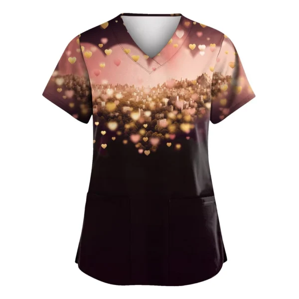 Women's Valentine's Day Printed  Uniform Work Uniform V-Neck Pocket Protective - Image 34