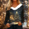 Women's Shirt V Neck Christmas Top Long Sleeve Party Fleece Collar T Shirt - Image 25
