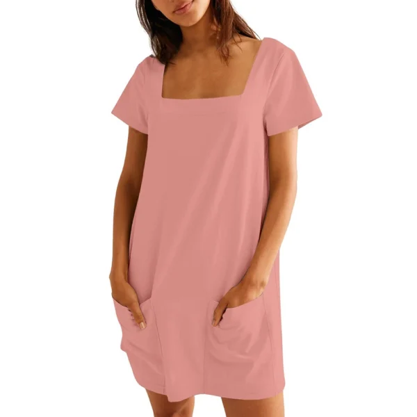 Women's Solid Color Square Collar Short Sleeve Fashion Skirt Pocket Casual Dress - Image 2