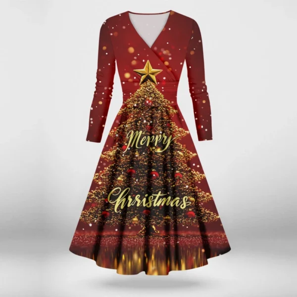 Women's Printed V-Neck Christmas Casual Fashion Long Sleeve Slim Dresses - Image 40