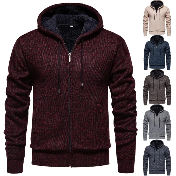 Men's Sweater With Thick Velvet Casual Knit Sweater, Fashionable Hooded Jacket