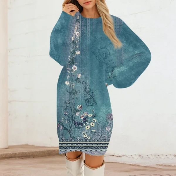 Women's Round Neck Casual Long Sleeve Plush Gradient Vintage Floral Print - Image 31