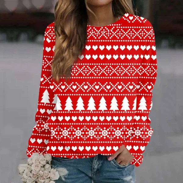 Women's Long Sleeve Print O-Neck Christmas Blouse Fashion Casual Pullover Top - Image 25