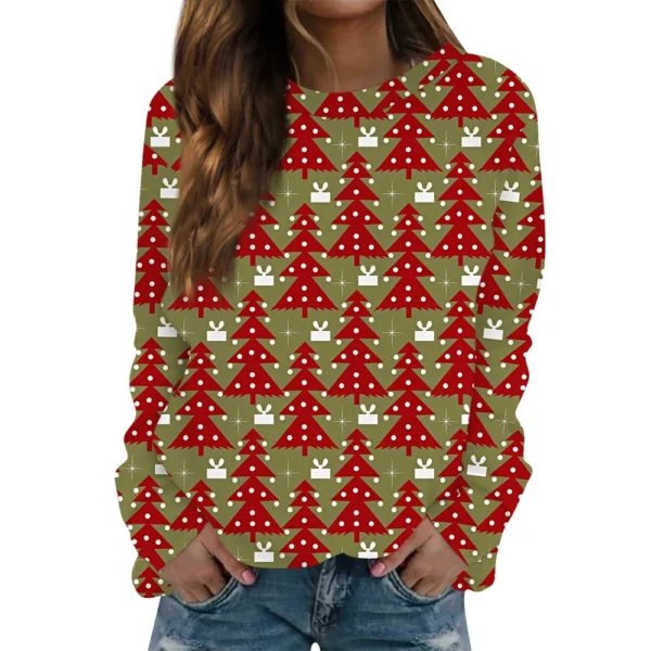 Women's Long Sleeve Print O-Neck Christmas Blouse Fashion Casual Pullover Top - Image 29
