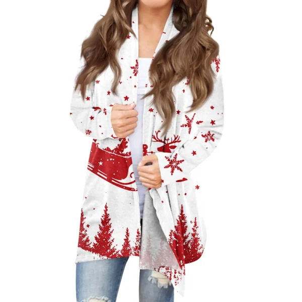 Women's Fashion Christmas Printed Jacket Cardigan Casual Medium Length Coat - Image 32