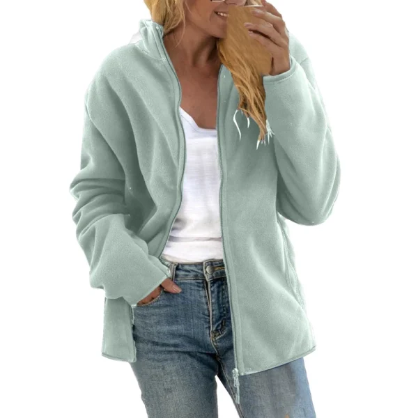 Women's Loose Casual Solid Color Lambswool Stand Up Collar Cardigan Jacket Long - Image 26