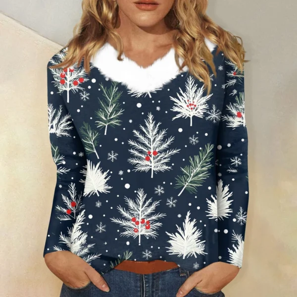 Women's Loose Casual Long Sleeved Christmas Printed Plush Collar V Neck Top, - Image 19