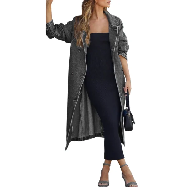 Fall  And Winter Women's Windbreaker Denim Cotton Solid Color Double Pockets - Image 3