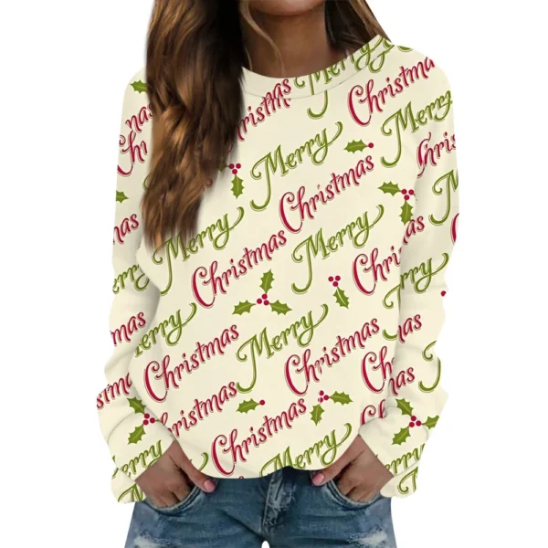 Women's Long Sleeve Print O-Neck Christmas Blouse Fashion Casual Pullover Top - Image 6
