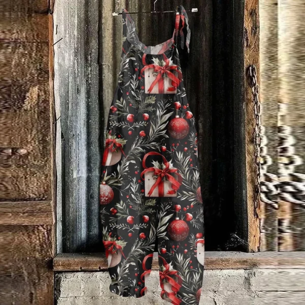 Women's Shoulder Strap Vintage Loose Print Casual Jumpsuit Christmas - Image 19
