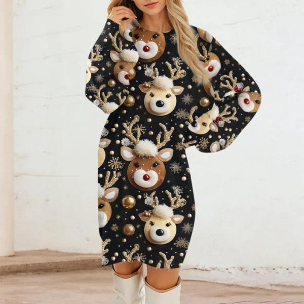 Women's Round Neck Casual Long Sleeve Plush Christmas Printed Dresses - Image 15