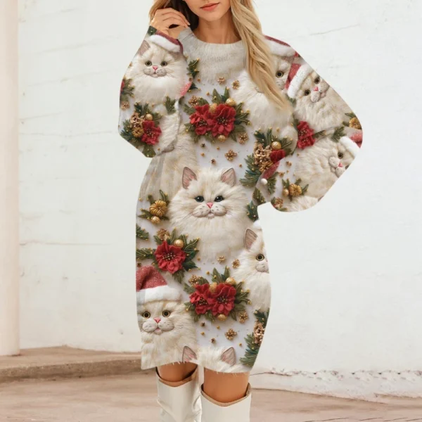 Women's Round Neck Casual Long Sleeve Plush Christmas Printed Dresses - Image 13