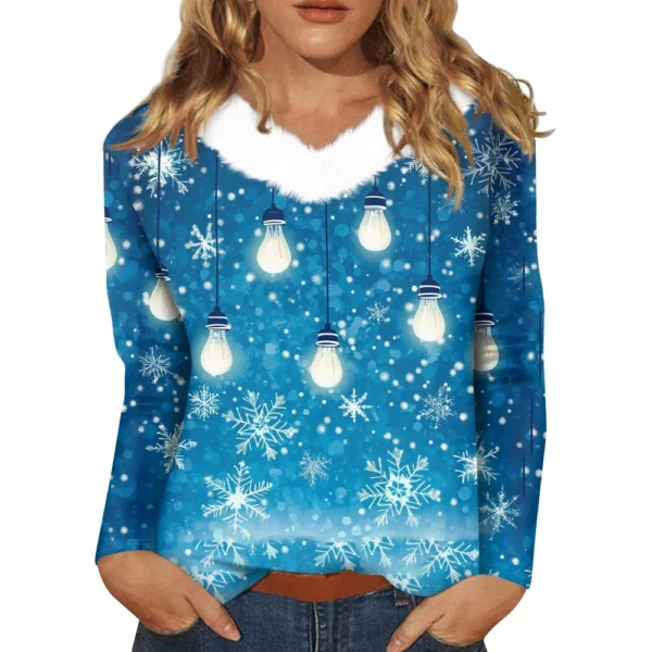 Women's Loose Casual Long Sleeved Christmas Printed Plush Collar V Neck Top, - Image 7