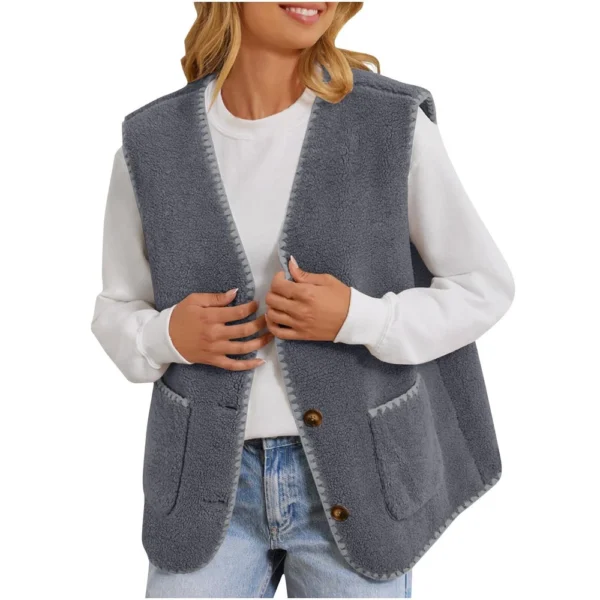 Women's Fuzzy Fleece Vest Sleeveless Colorblock Jacket Button Down Outerwear - Image 5